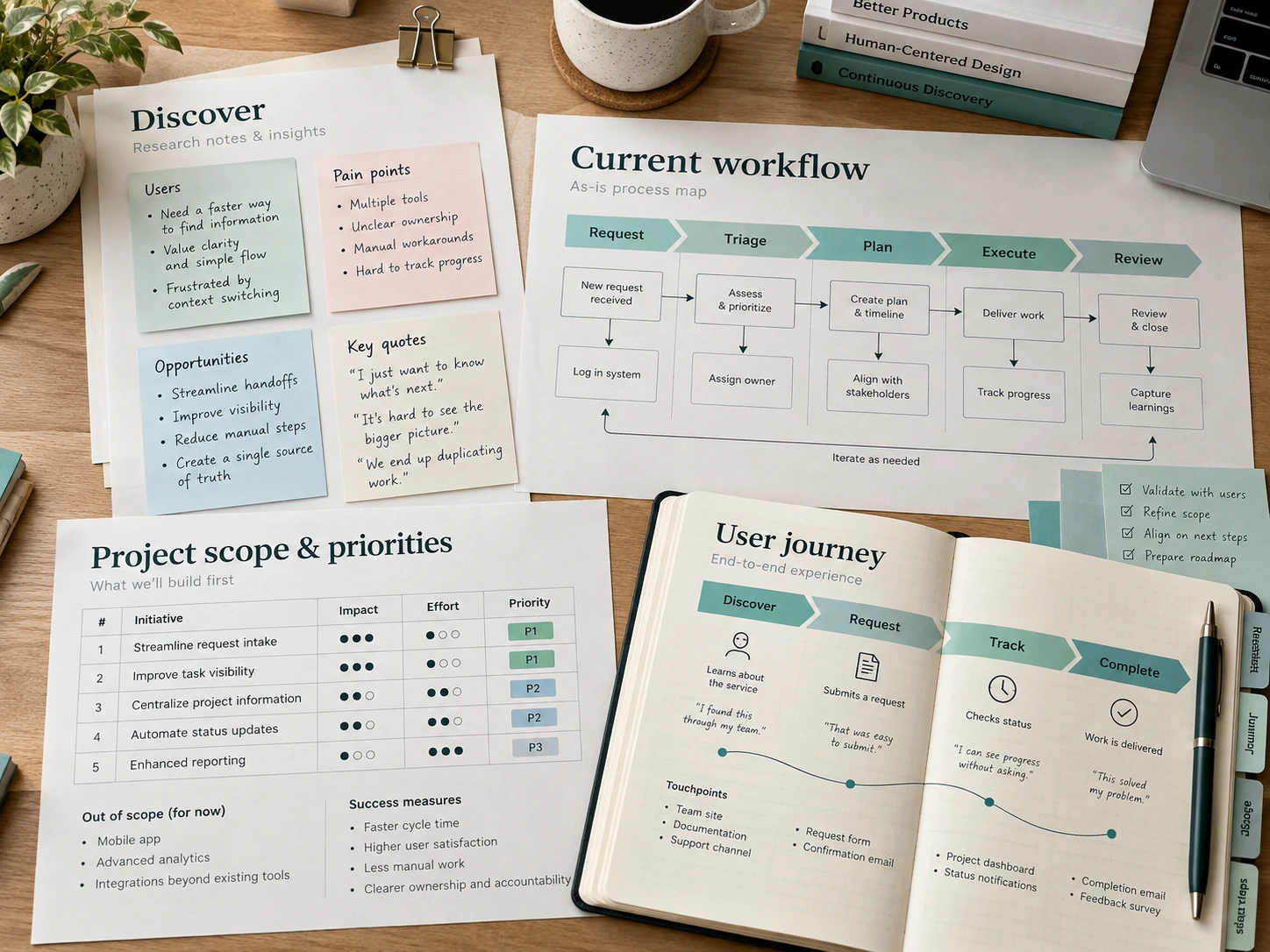 Discovery workflow maps, research notes and project priorities