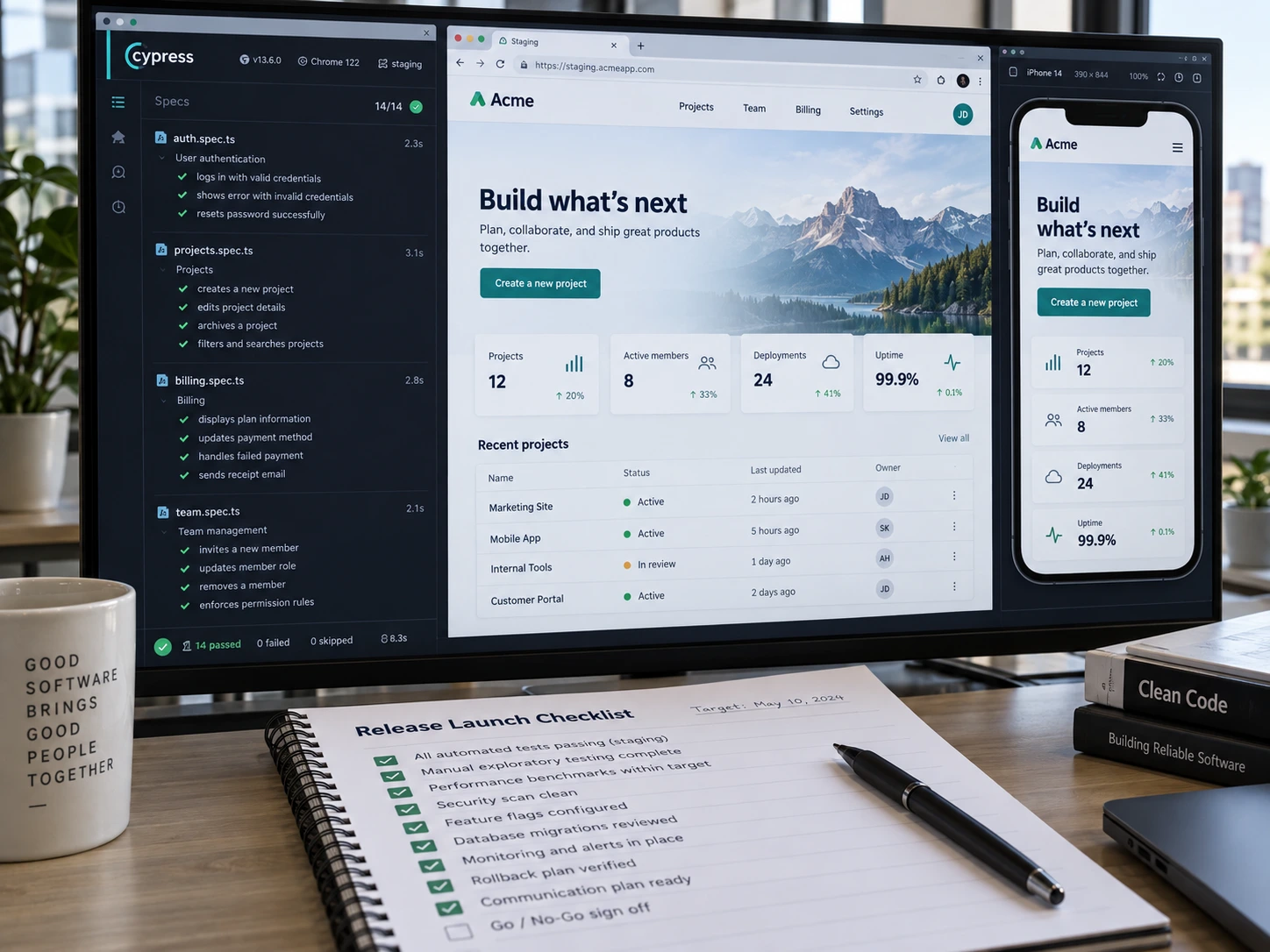 Application test results, staging previews and launch checklist